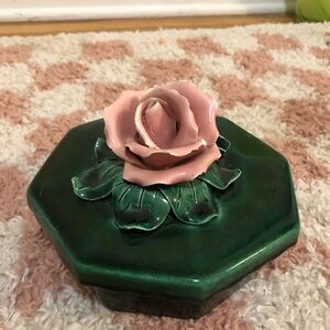 Vintage Green Ceramic Box with Pink Rose Lid